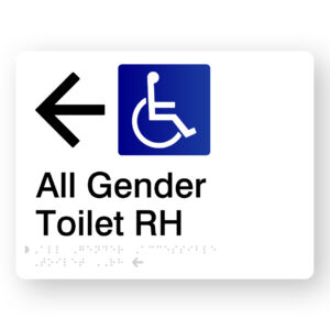 All Gender Accessible Toilet RH (Left Arrow) Braille Sign in White Acrylic - Image 1