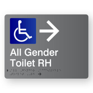 All Gender Accessible Toilet RH (Right Arrow) Braille Sign in Grey Acrylic