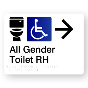 All Gender Accessible Toilet RH (Right Arrow) Braille Sign in White Acrylic - Image 1