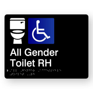 All Gender Accessible Toilet RH Braille Sign in Black Acrylic