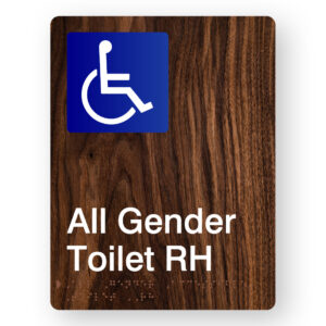 All Gender Accessible Toilet RH Braille Sign in Portrait Dark Woodgrain - Image 1