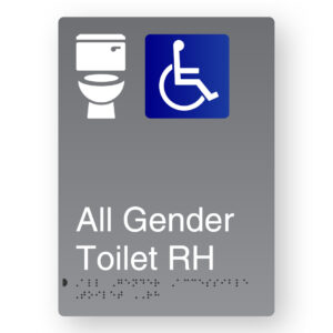 All Gender Accessible Toilet RH Braille Sign in Portrait Grey Aluminium