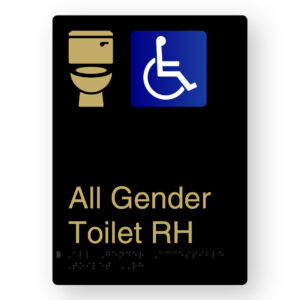 All Gender Accessible Toilet RH Braille Sign in Portrait Black & Satin Brass Finish