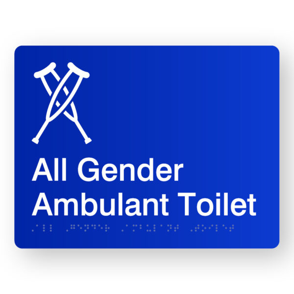 All Gender Ambulant Toilet Braille Sign in Blue Acrylic All Gender Ambulant Toilet Braille Sign in Blue Acrylic. Blue Sign panel with White Crutches Symbol & Text That reads All Gender Toilet. Braille text is also shown