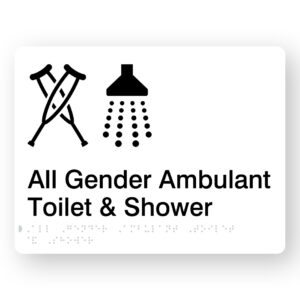 All Gender Ambulant Toilet & Shower Braille Sign in White Acrylic - Image 1