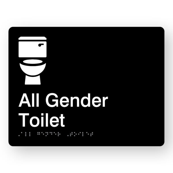 All Gender Toilet Braille Sign in Black Acrylic All Gender Toilet Braille Sign with a black background & white Toilet Graphics, text reads All Gender Toilet