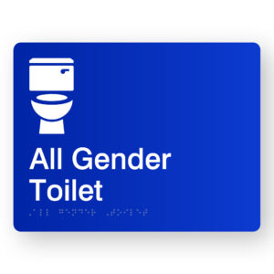 All Gender Toilet Braille Sign with a blue Background & White Toilet Graphics, text reads All Gender Toilet
