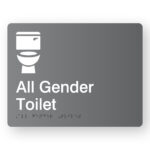 All Gender Toilet Braille Sign with a dark grey background & White Graphics