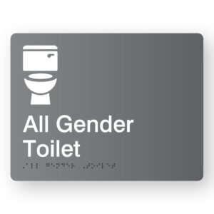 All Gender Toilet Braille Sign with a dark grey background & White Graphics