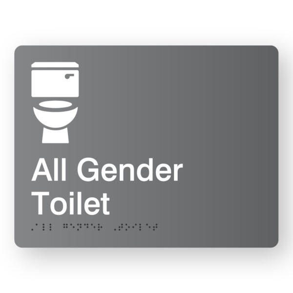 All Gender Toilet Braille Sign with a dark grey background & White Graphics
