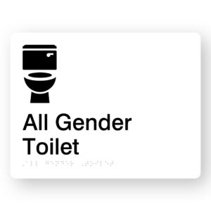 All Gender Toilet Braille Sign with white background & Black Graphics. Text reads All Gender Toilet