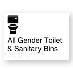 All Gender Toilet & Sanitary Bins Braille Sign in White Aluminium