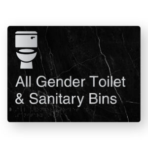 All Gender Toilet & Sanitary Bins Braille Sign in a Black Marble & Silver Finish