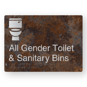 All Gender Toilet & Sanitary Bins Braille Sign in a Distressed Metal Finish