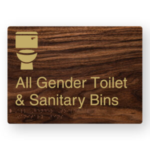 All Gender Toilet & Sanitary Bins Braille Sign in a Dark Woodgrain & Brass Finish