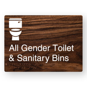 All Gender Toilet & Sanitary Bins Braille Sign in a Dark Woodgrain