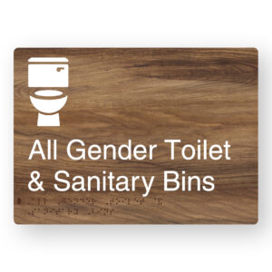 All Gender Toilet & Sanitary Bins Braille Sign in a Mid-Tone Woodgrain