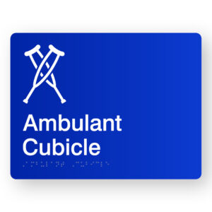 Ambulant Cubicle Braille Sign in Blue Acrylic. Blue Sign panel with White Crutches & Text that reads Ambulant Cubicle