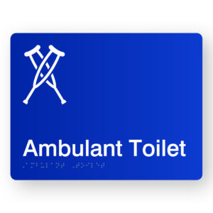 Ambulant Toilet Braille Sign (version 2) in Blue Acrylic. Blue Sign panel with white crutches & text that reads Ambulant Toilet