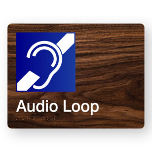 Audio Loop Braille Sign in Dark Woodgrain