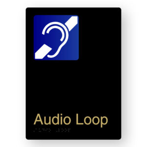 Audio Loop Braille Sign in Portrait Black & Satin Brass Finish