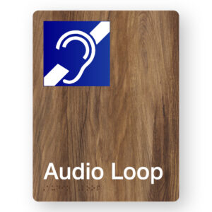 Audio Loop Braille Sign in Mid-Tone Woodgrain Portrait  Acrylic