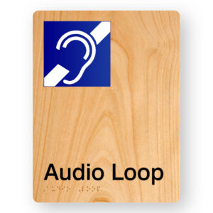 Audio Loop Braille Sign in Portrait Woodgrain Acrylic