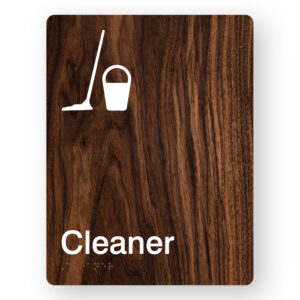 Cleaner Braille Sign in Portrait Dark Woodgrain
