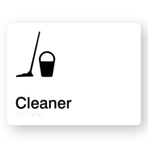 Cleaner Braille Sign in White Acrylic