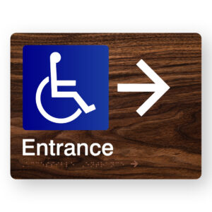 Accessible Entrance (Right Arrow) Braille Sign in Dark Woodgrain