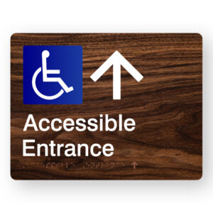 Accessible Entrance (Up Arrow) Braille Sign in Dark Woodgrain