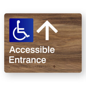 Accessible Entrance (Up Arrow) Braille Sign in Mid-Tone Woodgrain in Acrylic
