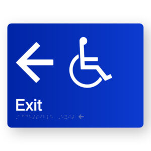 Accessible Exit (Left Arrow) Braille Sign in Blue Acrylic