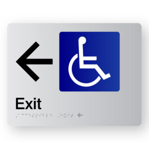 Accessible Exit (Left Arrow) Braille Sign in Silver Acrylic