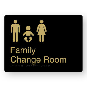 Family Change Room Braille Sign in a Black & Satin Brass Finish