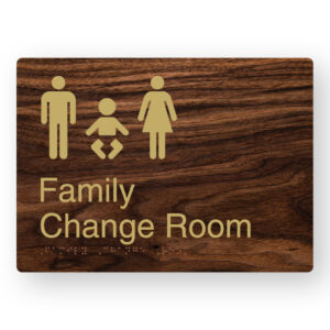 Family Change Room Braille Sign in a Dark Woodgrain & Brass Finish