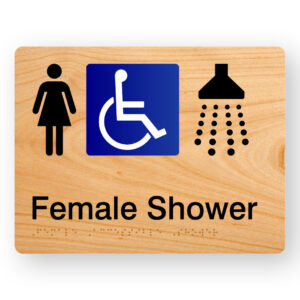 Female Accessible Shower Braille sign in Woodgrain Acrylic - Image 1