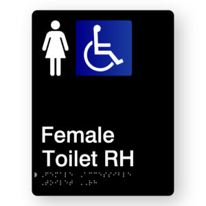 Female Accessible Toilet RH Braille Sign in Portrait Black Acrylic - Image 1