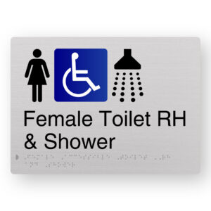 Female Accessible Toilet RH & Shower Braille Sign in Anodised Aluminium - Image 1