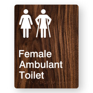 Female Ambulant Toilet Braille Sign in Portrait Dark Woodgrain - Image 1