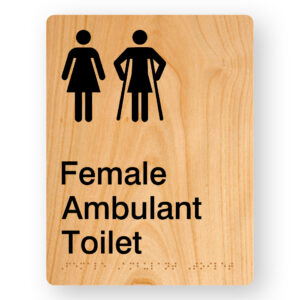 Female Ambulant Toilet Braille Sign in Portrait Woodgrain Acrylic