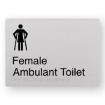 Female Ambulant Toilet Braille Sign with Black Graphics & A silver Background
