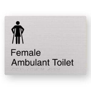 Female Ambulant Toilet Braille Sign with Black Graphics & A silver Background