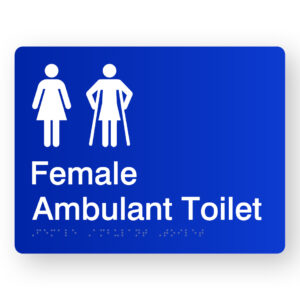 Female Ambulant Toilet Braille Sign with Female & Female Ambulant Symbol & White Text on a Blue Background