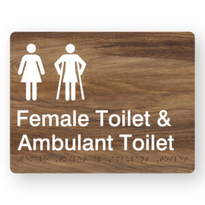 Female Toilet & Ambulant Toilet Braille Sign in Mid-Tone Woodgrain in Acrylic - Image 1