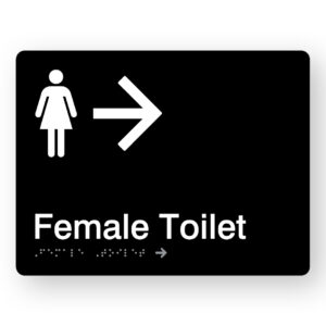 Female Toilet (Right Arrow) Braille Sign in Black Acrylic - Image 1
