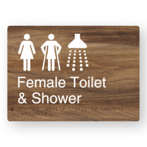 Female Toilet Ambulant Toilet & Shower Braille Sign in a Mid-Tone Woodgrain - Image 1