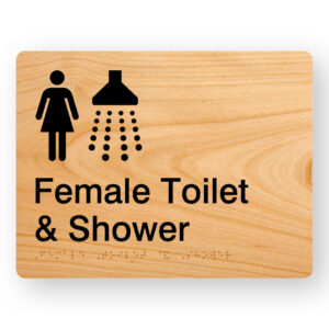 Female Toilet & Shower Braille sign in Woodgrain Acrylic - Image 1