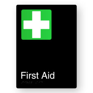 First Aid Braille Sign in Portrait Black Aluminium