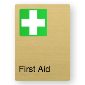 First Aid Braille Sign in Portrait Satin Brass Finish